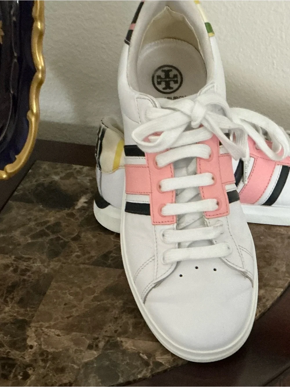 Tory Burch White Leather Sneakers with Pink Panels and Black Stripes